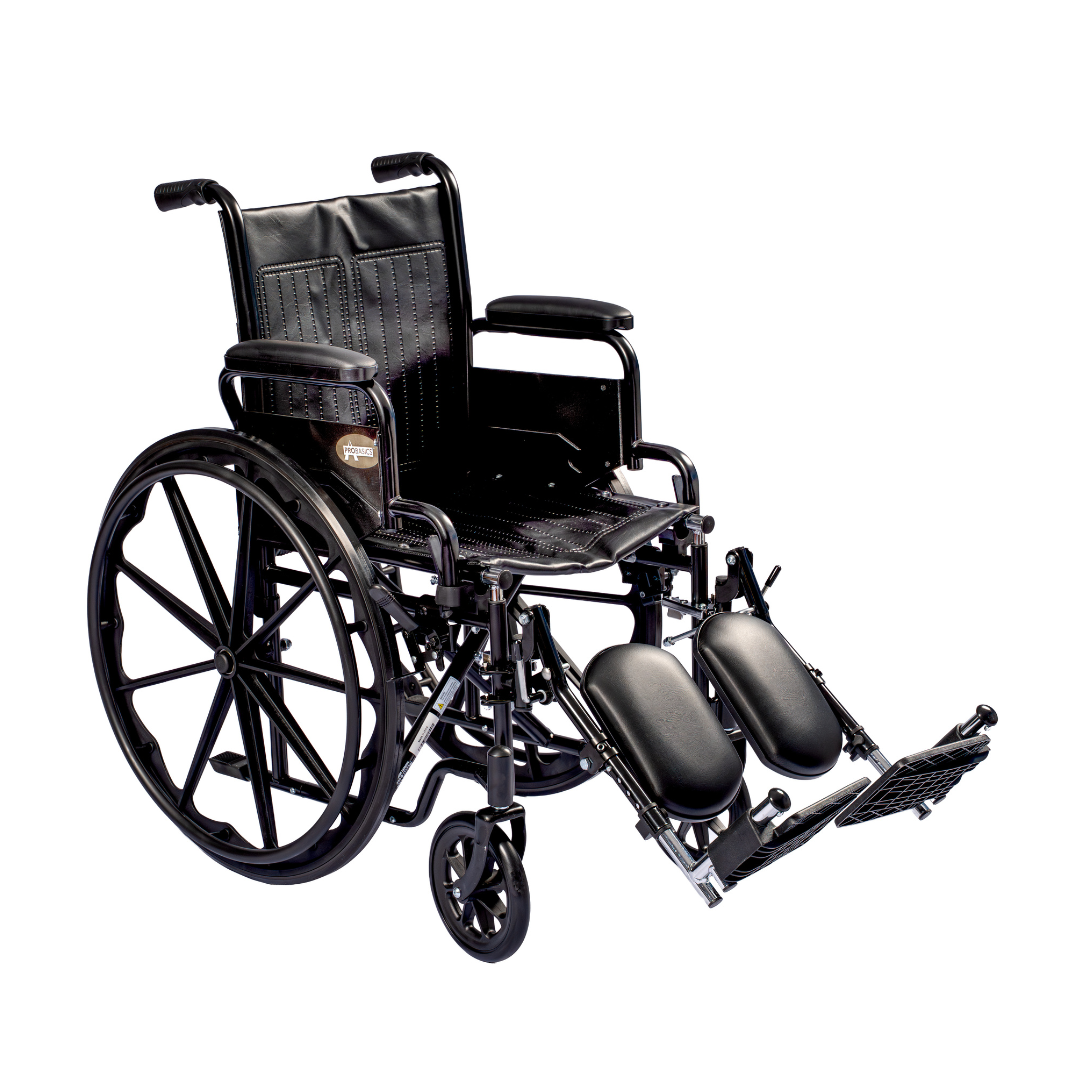 The ProBasics K1 Lightweight Portable Wheelchair is a black manual wheelchair with a durable frame and swing-away black footrests.